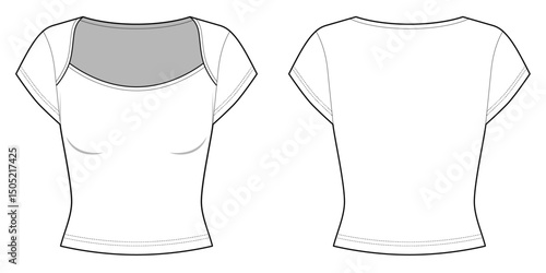 Short Sleeve Sweetheart Neckline T-shirt- Front and Back View- Flat Vector Illustration
