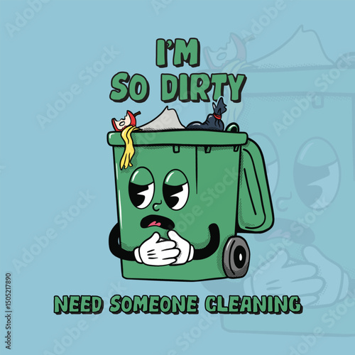 Handrawn dumpster cute character with retro style