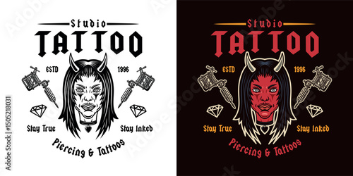 Vintage tattoo studio emblem with devil girl head and tattoo machines. Gothic, old school vector design for tattoo artists, studios, and apparel. Dark, edgy, and artistic illustration in retro style