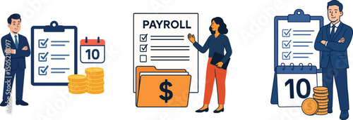 Business professionals handling payroll, financial documents, calendar, coins, and checklist for efficient office management and salary processing tasks.