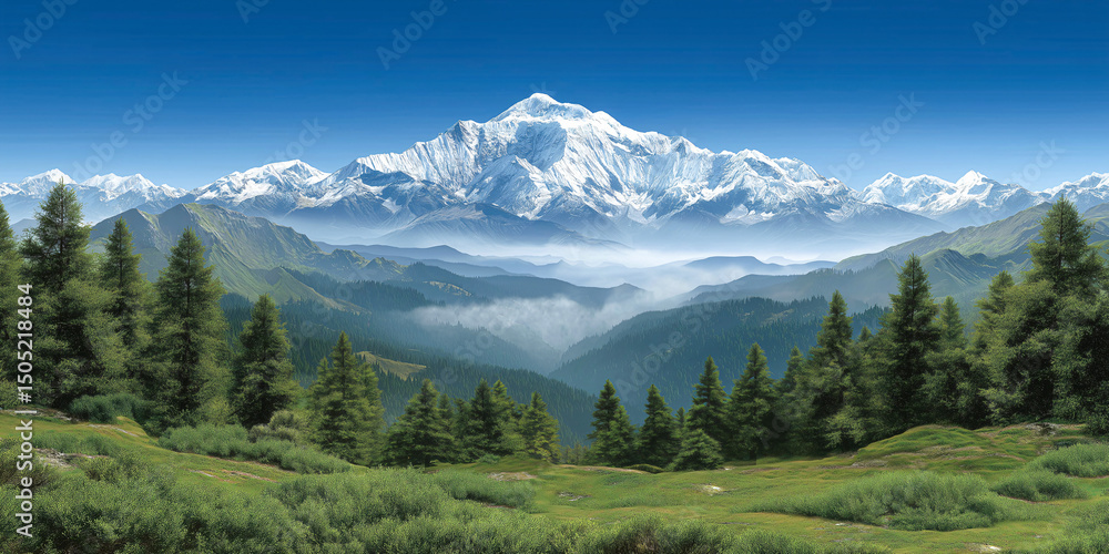 Obraz premium Majestic Mountain Panorama: Witness the grandeur of nature, as snow-capped mountains pierce the pristine sky above lush forests and verdant valleys, a breathtaking panorama