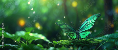 Majestic Green Butterfly Resting in Lush Fairy Forest with Sun Rays and Bokeh Lights, Nature Abstract Scene in Dreamlike Atmosphere, generative AI