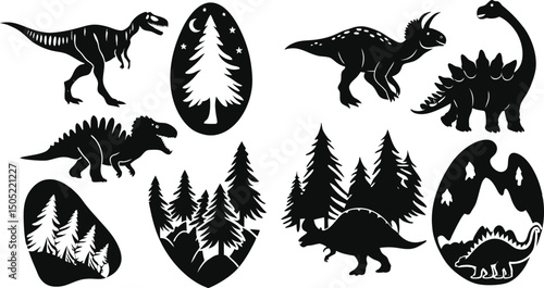 Dinosaur Silhouettes with Forest and Mountain Scenes in Creative Shapes