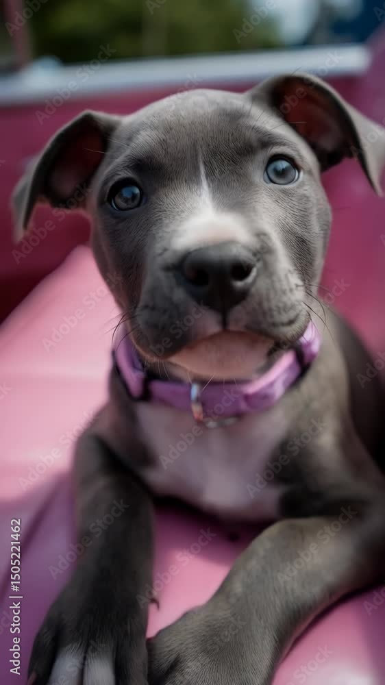 Adorable gray puppy with a pink collar looking directly at the camera with a curious and endearing expression on a pink background Adorable gray puppy with a pink collar looking directly at the camera with a curious and endearing expression on a pink background