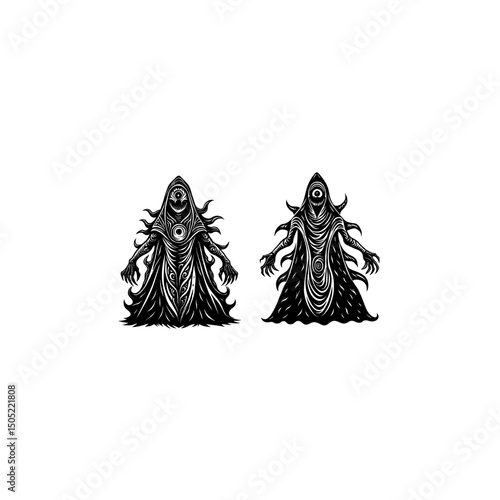 Eldritch Horror Monster Illustration Vector Icons Set – Black Ink Creepy Tentacle Demon Art, Lovecraftian Creature Design for Dark Fantasy Projects