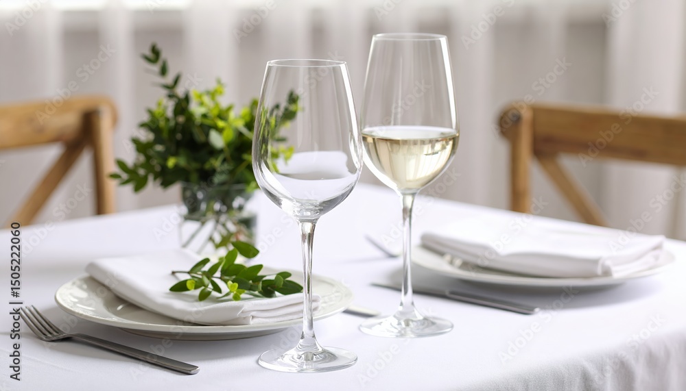 Elegant table setting with wine glasses and fresh greenery, perfect for a romantic dinner. Soft lighting and crisp white linen create a serene ambiance. Minimalist restaurant table setting. Restaurant Elegant table setting with wine glasses and fresh greenery, perfect for a romantic dinner. Soft lighting and crisp white linen create a serene ambiance. Minimalist restaurant table setting. Restaurant