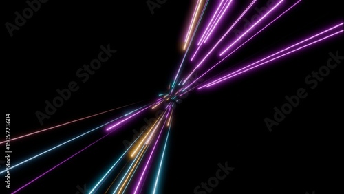 Photos Zoomed-in perspective of neon light trails converging at center on dark backgrou