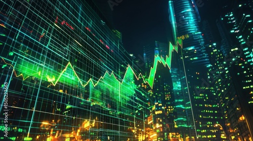 Financial Chart Overlay on Urban Skyline at Night with Light Trails