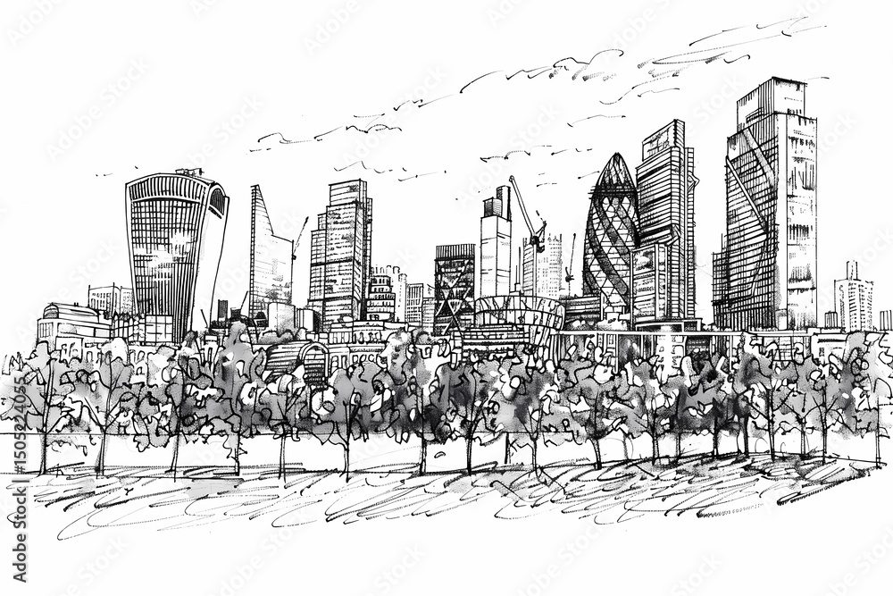 Fototapeta premium Black and white ink drawing of London skyline with modern skyscrapers and a large city park with trees