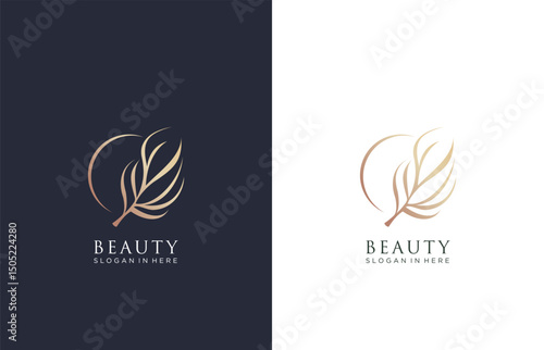 leaf ornament with moon icon, abstract beauty luxury vector logo design inpiration 