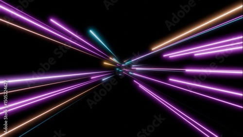 Colorful neon light trails radiating outward on black background, representing speed and futuristic data streams in abstract sci-fi theme
