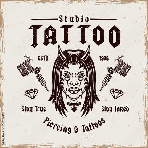 Vintage tattoo studio emblem with devil girl head and tattoo machines. Gothic, old school vector design for tattoo artists, studios, and apparel. Dark, edgy, and artistic illustration in retro style