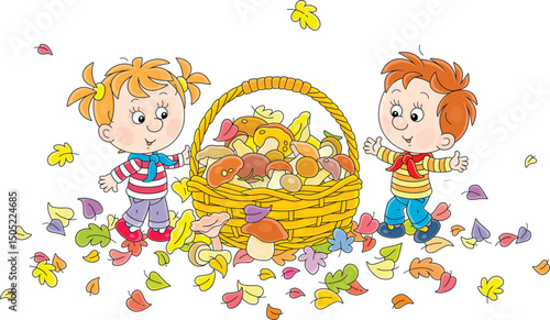 Happy little girl and boy mushroomers and a big wicker basket full of edible mushrooms among colorful leaves on a forest glade, vector cartoon illustration on a white background