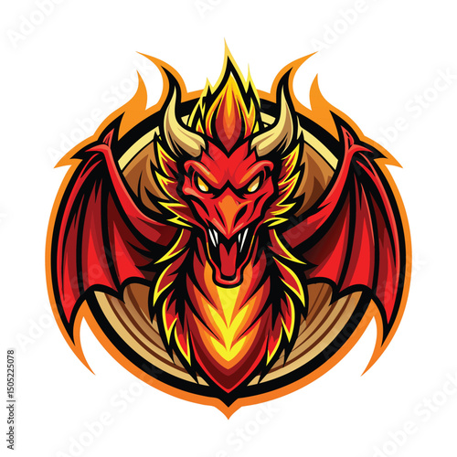 Fierce Red Dragon Mascot Logo Illustration Featuring Fiery Wings, Horns, and Eyes, Encased in a Bold Black and Gold Circle, Ideal for Gaming, Esport Teams, and Fantasy Artwork Projects, On a White Bac