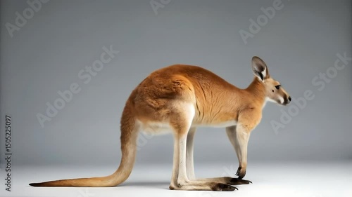 A kangaroo standing on a black background. The kangaroo has a reddish-brown coat, large ears, and a long