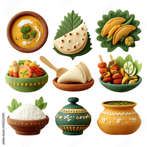 3D icons: curry bowl, naan bread, samosa, thali plate, tandoori skewer, and chutney bowl.