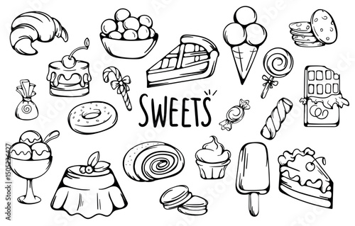 Sweets, candies, baked goods. Black and white vector elements set. Simple hand drawn signs and symbols for icons, prints, stickers