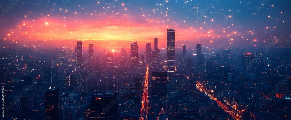 Obraz premium A Futuristic Metropolis at Dusk, Connected by a Network of Light
