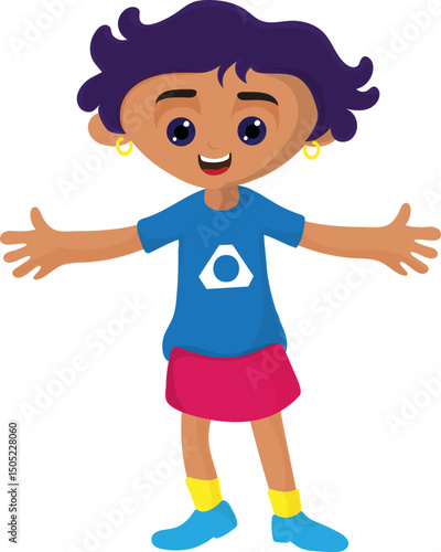Cartoon Happy Little Girl Character with Open Arms Vector Illustration.