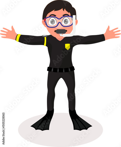 Cartoon Scuba Diver Man Character Vector Illustration.