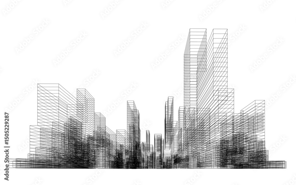 Fototapeta premium 3D wireframe perspective of building. Abstract wireframe city background for template design. Illustration graphic.