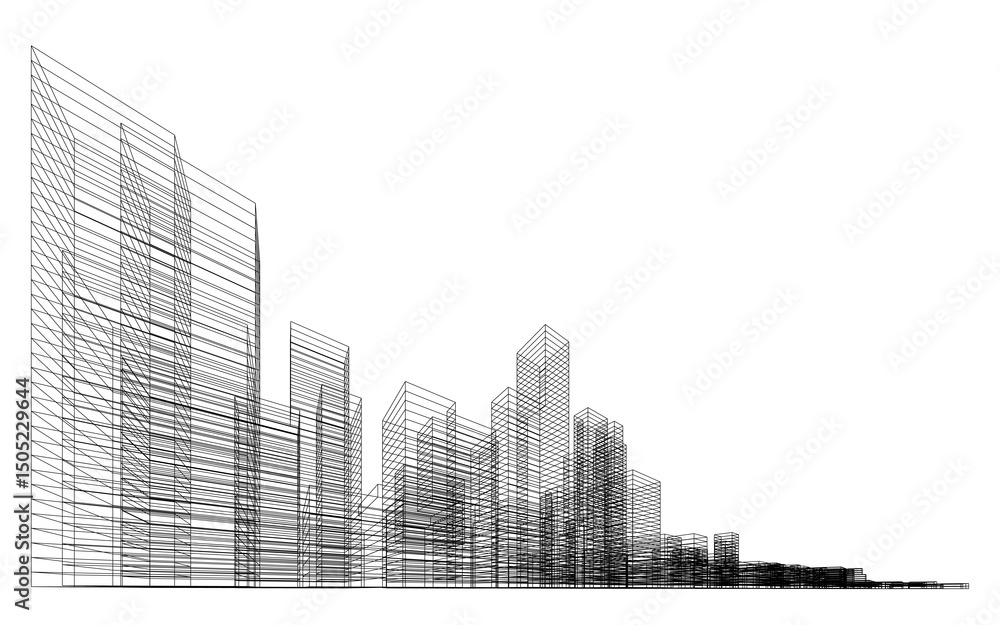 Fototapeta premium 3D wireframe perspective of building. Abstract wireframe city background for template design. Illustration graphic.