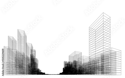 3D wireframe perspective of building. Abstract wireframe city background for template design. Illustration graphic.