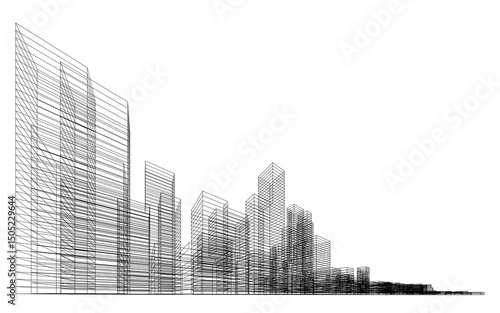 3D wireframe perspective of building. Abstract wireframe city background for template design. Illustration graphic.