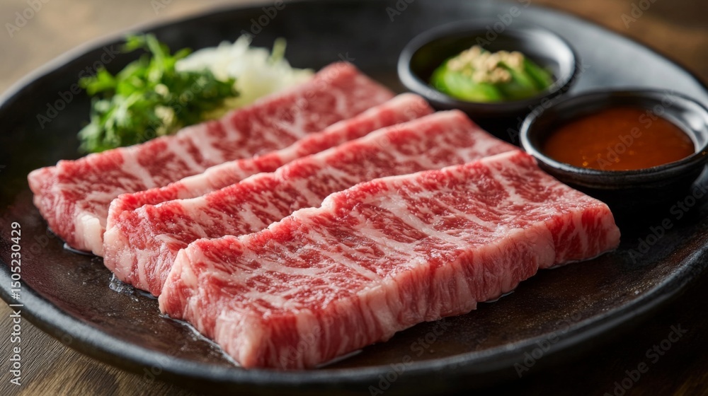 A beautifully plated wagyu steak with marbled fat, served with gourmet dipping sauces A beautifully plated wagyu steak with marbled fat, served with gourmet dipping sauces