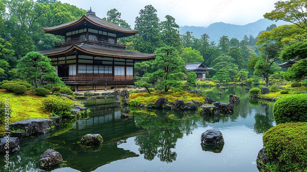 Serene Japanese garden with pagoda, pond, and moss Serene Japanese garden with pagoda, pond, and moss