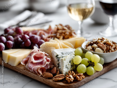 elegant charcuterie board, white background, minimal shadows