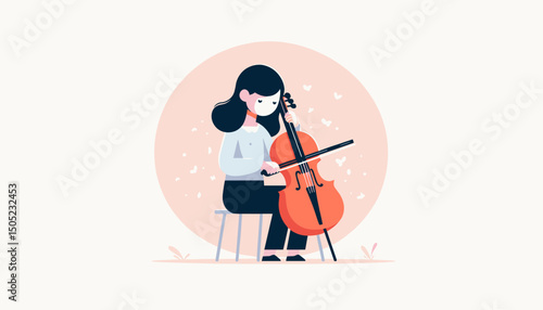 A stylized illustration of a young girl seated and playing a cello.