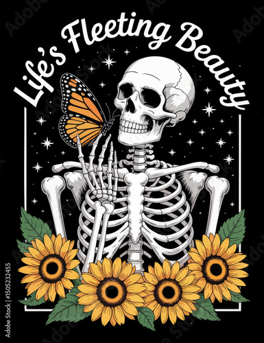 A skeleton, adorned with flowers, and a butterfly, expressing the ephemeral nature of life  vector illustration design
