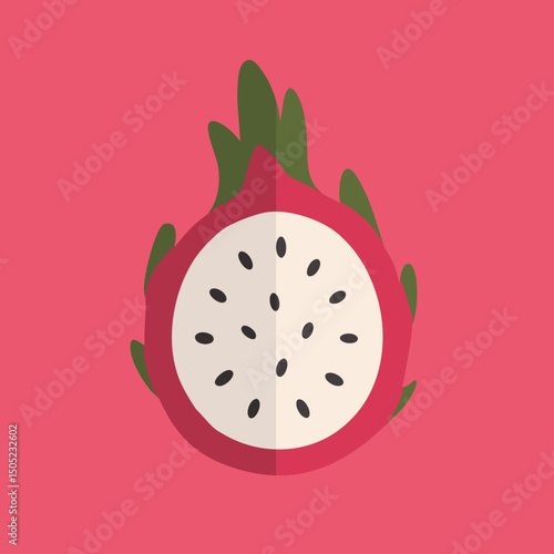 A cute vector pitaya graphic with green leaves, on a pink background, perfect for food designs.