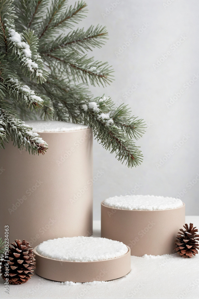 Minimalist Winter Podium Scene – Snow-Dusted Beige Display with Pinecones and Evergreens, Calm Holiday Studio Setup for Skincare or Wellness Minimalist Winter Podium Scene – Snow-Dusted Beige Display with Pinecones and Evergreens, Calm Holiday Studio Setup for Skincare or Wellness