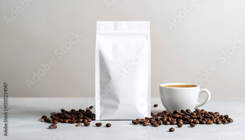 A white coffee bag stands next to a cup of coffee and roasted coffee beans, ideal for branding and packaging.