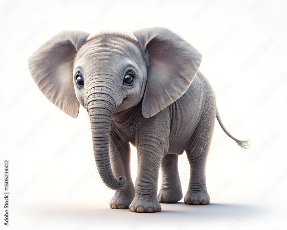 Fototapeta premium Adorable Baby Elephant Calf, 3D Render, White Background