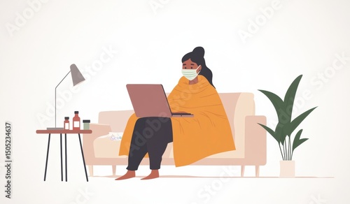 Sick woman sitting at desk coughing working, laptop computer video call, blowing running nose, suffer from flu or cold. Ill male worker feels unhealthy struggle with influenza under blanket, employee