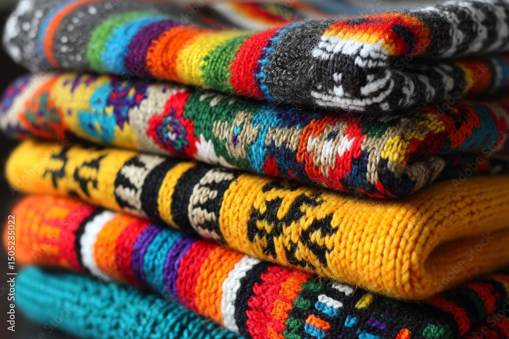 Colorful handwoven sweaters stacked on a table showcasing intricate designs and warm textures during autumn season Colorful handwoven sweaters stacked on a table showcasing intricate designs and warm textures during autumn season