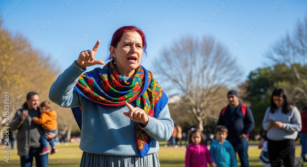 Fototapeta premium Woman gesturing and talking in a park with people around on a sunny day on a lecture setting