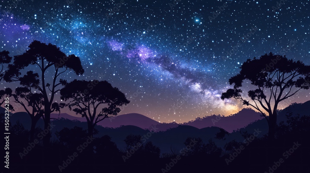 Naklejka premium Night Sky Over Silhouetted Trees and Mountains