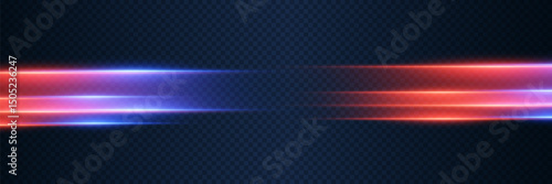 Horizontal neon lines of light in red and blue on a transparent background with motion blur effect.