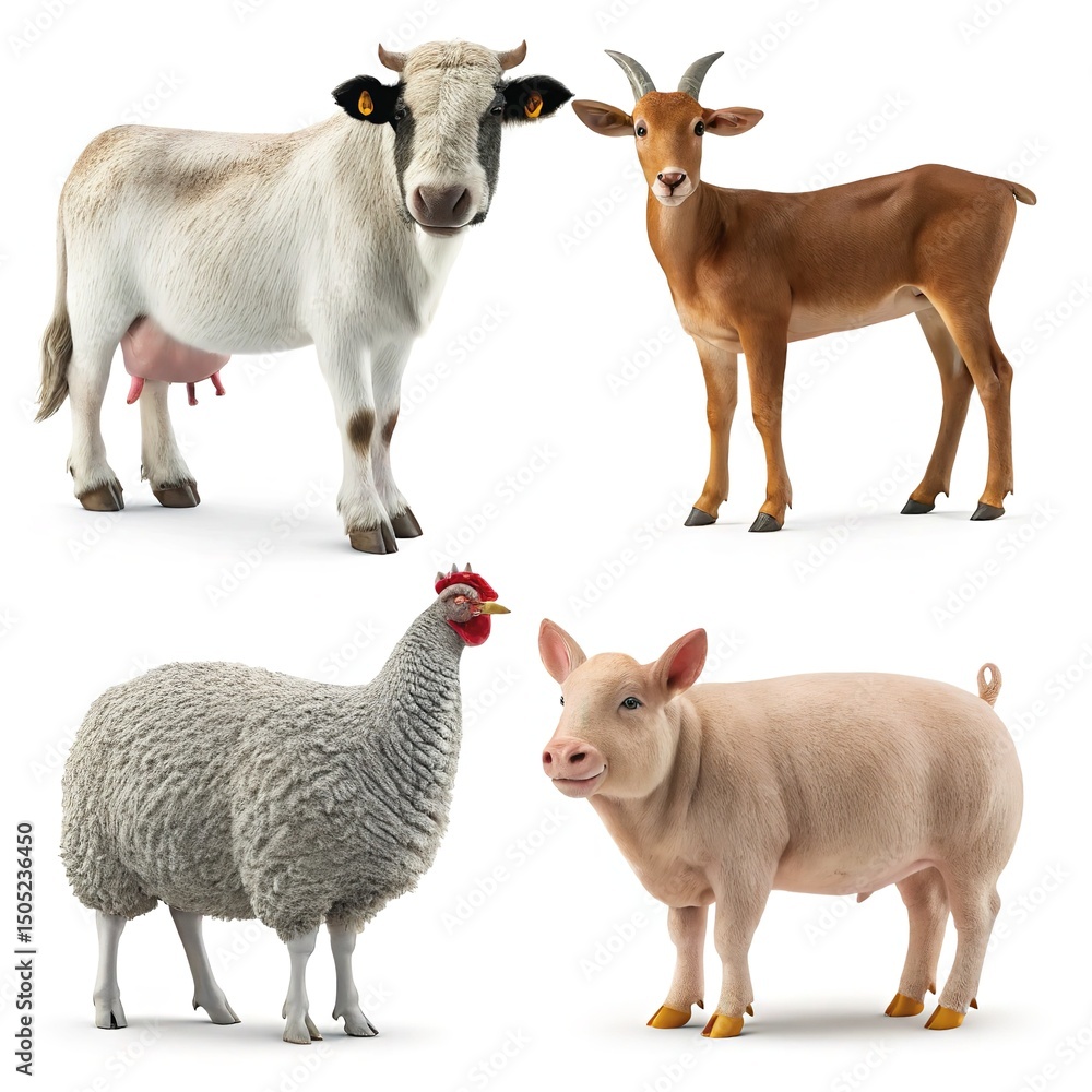 Fototapeta premium Farm Animals Cow, Goat, Sheep
