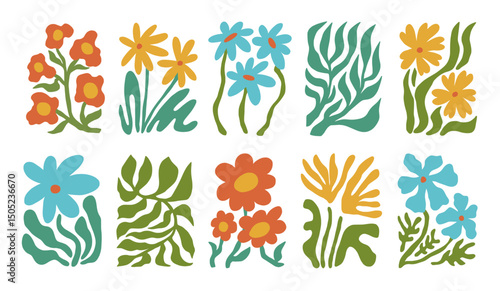 Set of groovy abstract botanical floral background in trendy naive retro hippie 60s 70s style. Vertical poster with abstract wavy flower