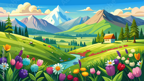 An idyllic landscape in the Alps showcases blooming meadows under gentle springtime skies. Rolling hills, fresh greenery, and colorful flowers create a serene and uplifting natural view.