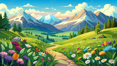 An idyllic landscape in the Alps showcases blooming meadows under gentle springtime skies. Rolling hills, fresh greenery, and colorful flowers create a serene and uplifting natural view.