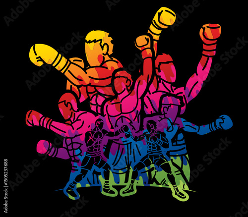 Graffiti Boxing Sport Group of Boxer Fighter Mix Action Cartoon Graphic Vector