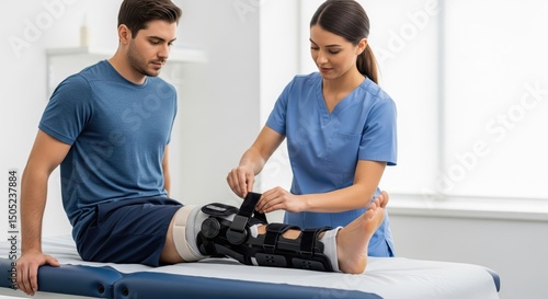 Physical Therapist Putting Leg Brace on Patient in Clinic for Injury Rehabilitation