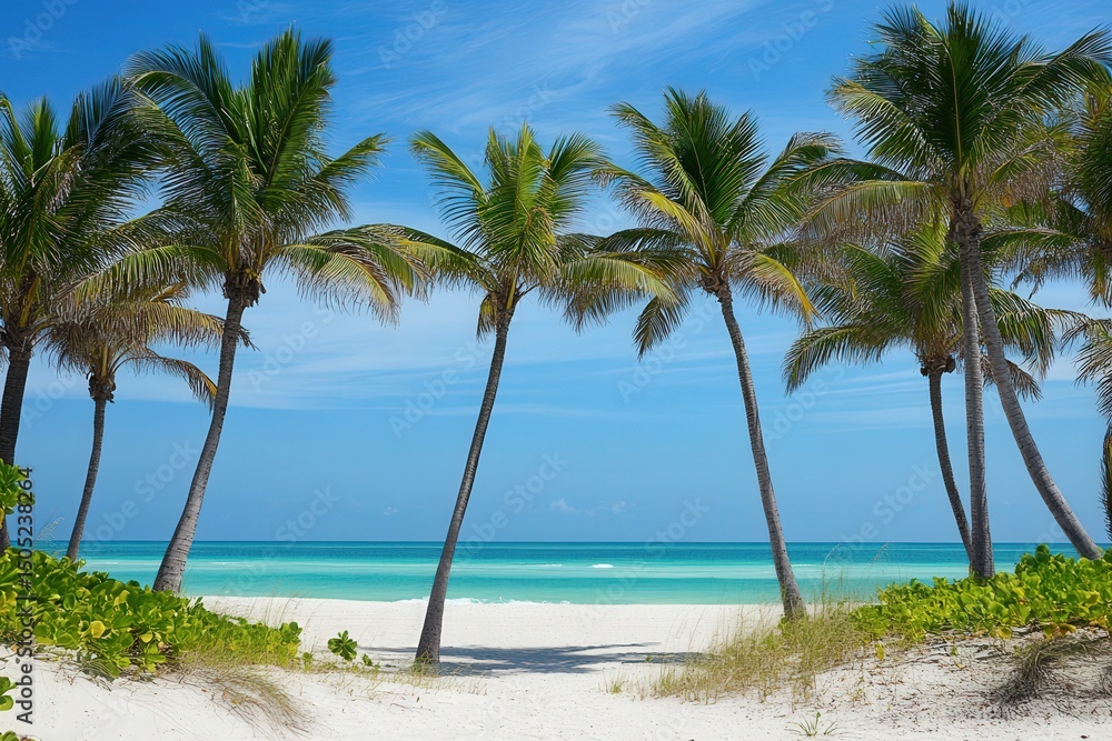 Obraz premium Tropical beach with palm trees and ocean view day