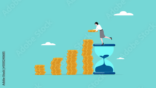 long term investment concept, Growth Earning From Compound Interest In Long Term Investing, businessman makes financial growth graph by stacking gold coins on top of hourglass vector illustration